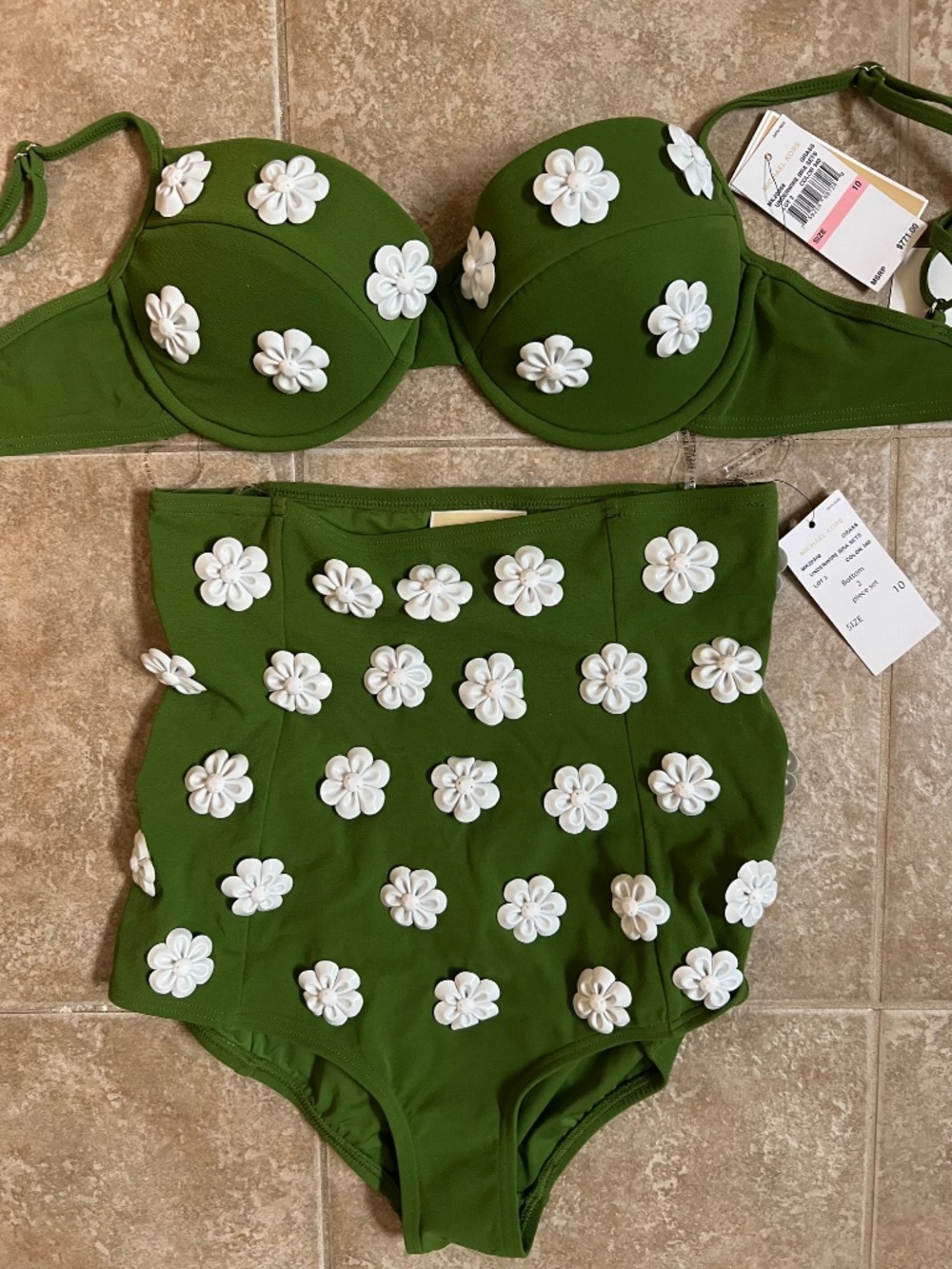 MICHAEL KORS 2 piece SWIMSUIT Retro pin-up green underwire bra set $771.00 sz10 - Picture 2 of 7